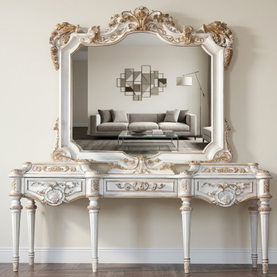 Tavolo consolle bianco lussuoso e specchio con cornice intagliata.