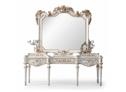 Tavolo consolle bianco lussuoso e specchio con cornice intagliata.