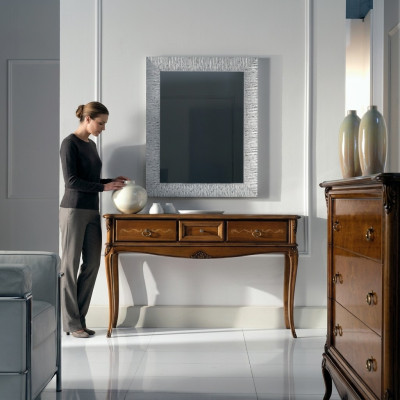 Comodino moderno per camera da letto in stile console in legno marrone.