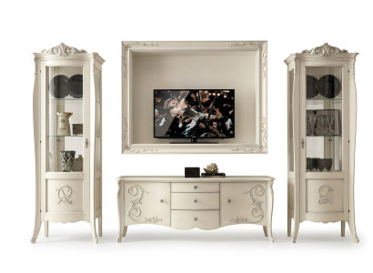 Set 4 pezzi per soggiorno con vetrina, mobile TV, credenza, mobile e tavolo in legno per soggiorno.
