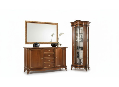 Set da pranzo con vetrina, armadio, cassettiera, specchio, credenza. Mobili italiani, 3 pezzi.