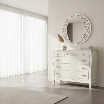 Sideboard con cassettiera e specchio, in legno bianco, due pezzi, stile italiano.