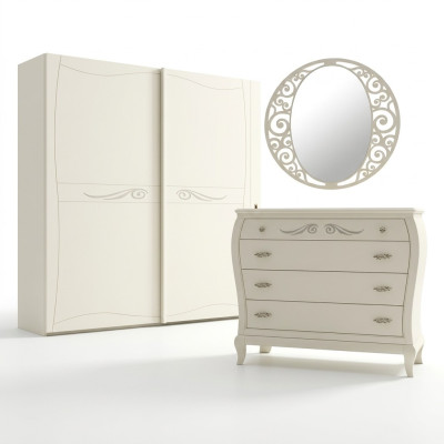 Sideboard con cassettiera e specchio, in legno bianco, due pezzi, stile italiano.
