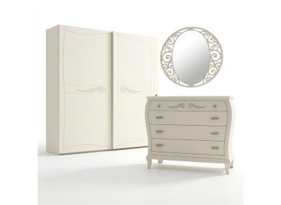 Sideboard con cassettiera e specchio, in legno bianco, due pezzi, stile italiano.