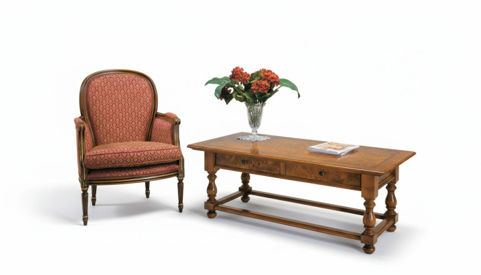 Poltrona con tavolino stile antico in legno massello, set di sedia con tavolo da salotto, nuovo.