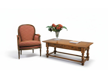 Poltrona con tavolino stile antico in legno massello, set di sedia con tavolo da salotto, nuovo.