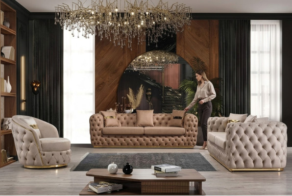 Chesterfield set di divani 3+3+1+1 posti in pelle beige.