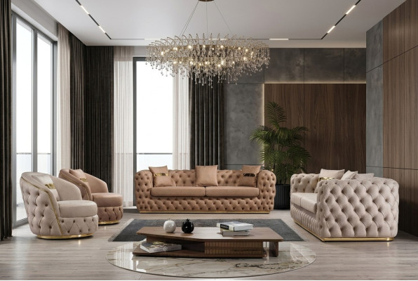 Chesterfield set di divani 3+3+1+1 posti in pelle beige.