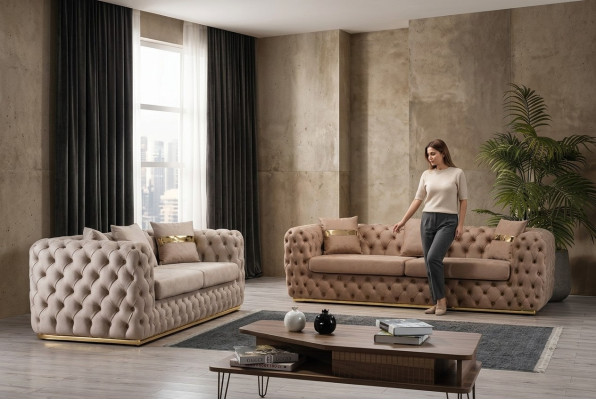 Divano imbottito, divano, set da 3 + 3 posti Chesterfield in pelle di lusso.