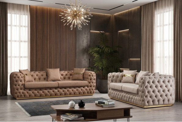 Divano imbottito, divano, set da 3 + 3 posti Chesterfield in pelle di lusso.