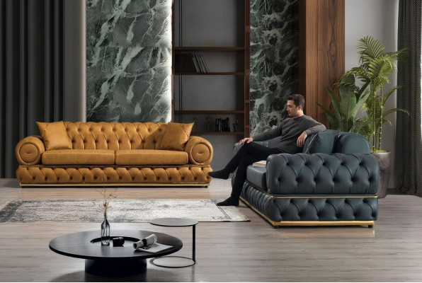 Set di divani Chesterfield di lusso 3+3 posti in pelle con 2 poltrone