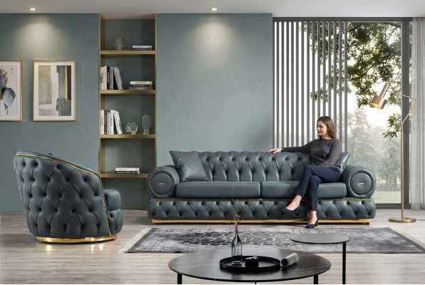 Set da divano 3+1 posti in pelle di lusso Chesterfield.