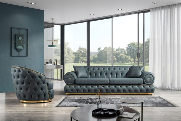 Set da divano 3+1 posti in pelle di lusso Chesterfield.