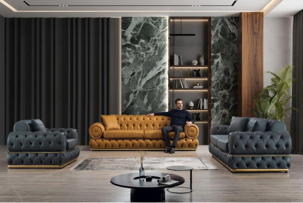 Set da soggiorno composto da divano 3+3+1 posti, divano poltrona, divani in pelle stile Chesterfield di lusso.