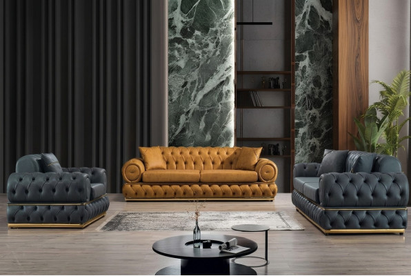 Set da soggiorno composto da divano 3+3+1 posti, divano poltrona, divani in pelle stile Chesterfield di lusso.