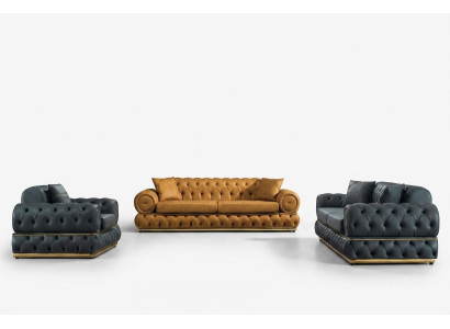 Set da soggiorno composto da divano 3+3+1 posti, divano poltrona, divani in pelle stile Chesterfield di lusso.