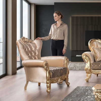 Poltrona Seduta Sedile Design Soggiorno Imbottito Nuovo Stile Barocco Rococò Lusso Beige