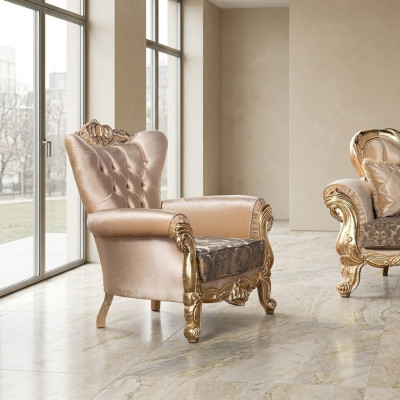 Poltrona Seduta Sedile Design Soggiorno Imbottito Nuovo Stile Barocco Rococò Lusso Beige
