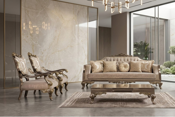 Una poltrona barocca di Chesterfield lussuosa, classica, in beige e oro.