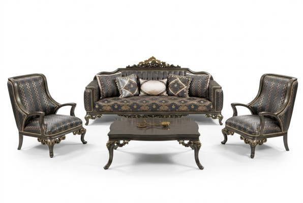 Set divano 3+1+1, tavolino, poltrona, set divani in stile barocco con tessuto.   Set divano 3+1+1, tavolino, poltrona, set di divani in stile barocco con tessuto.