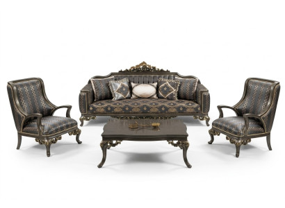 Set divano 3+1+1, tavolino, poltrona, set divani in stile barocco con tessuto.   Set divano 3+1+1, tavolino, poltrona, set di divani in stile barocco con tessuto.
