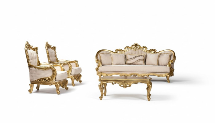 Set di divani in tessuto stile barocco nuovo, composto da divano e poltrone 3+1+1.