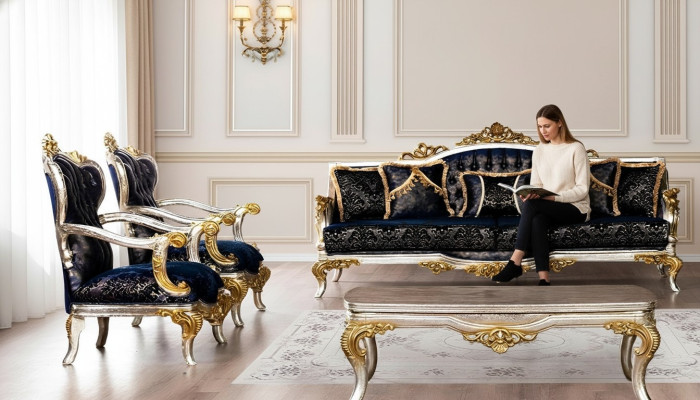 Gruppo di set di divani composti da 3+1+1 posti, 3 pezzi. Mobili divani poltrone sedili di lusso stile barocco.