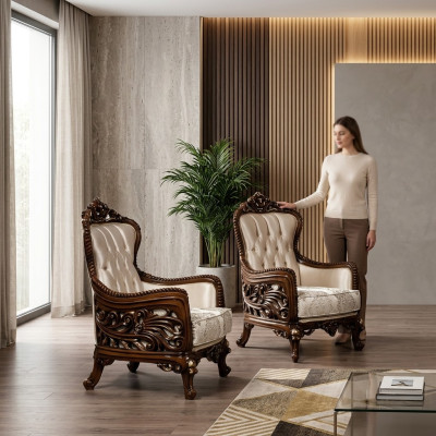 Poltrona Poltrona da orecchie in stoffa di lusso Design imbottito Barocco Tessuto Singolo Nuovo