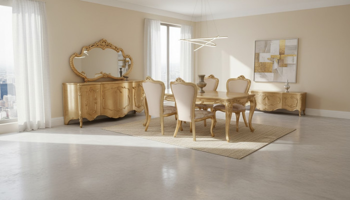 Set di lusso composto da 9 pezzi. Tavolo da pranzo, sedia, cassettone, specchio. Nuovo tavolo da pranzo.