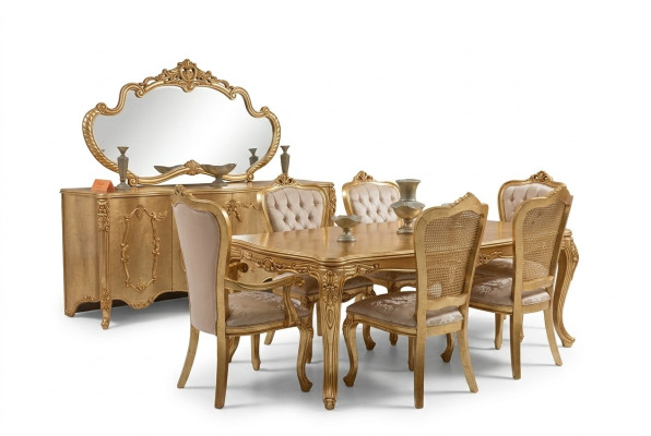 Set di lusso composto da 9 pezzi. Tavolo da pranzo, sedia, cassettone, specchio. Nuovo tavolo da pranzo.