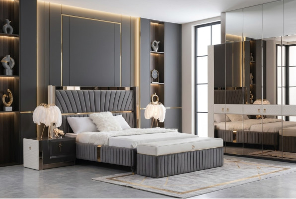Letto di lusso 180x200cm con testiera in legno e 2 comodini Mobili italiani nuovi