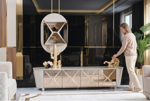Soggiorno Comò in Legno Mobile Basso Scaffale Oro Nuovo Set 2 Pezzi Credenza Scaffali Comò