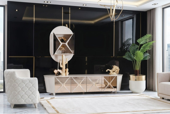 Soggiorno Comò in Legno Mobile Basso Scaffale Oro Nuovo Set 2 Pezzi Credenza Scaffali Comò