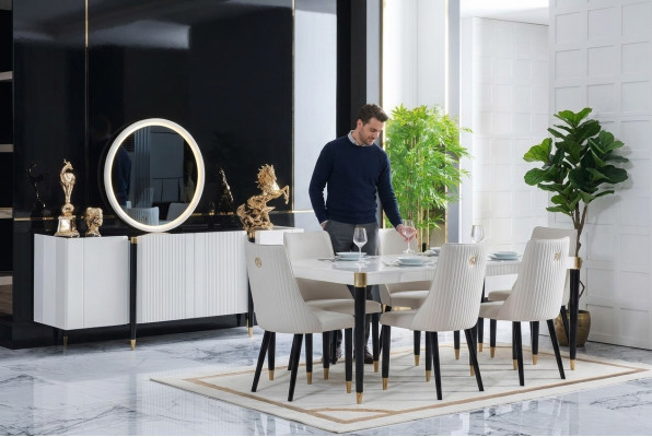 Tavolo da pranzo 6 sedie Comò Specchio Set completo Sala da pranzo 9 pezzi Nuovo Set