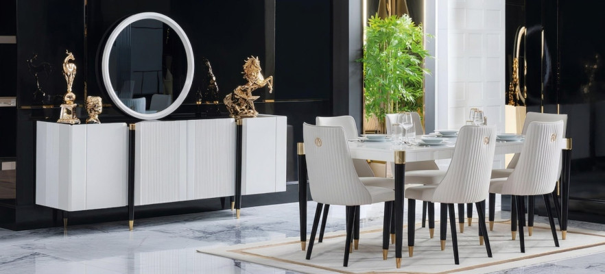 Tavolo da pranzo 6 sedie Comò Specchio Set completo Sala da pranzo 9 pezzi Nuovo Set