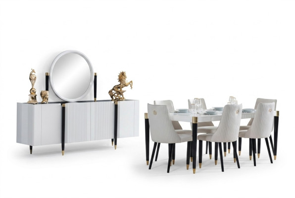 Tavolo da pranzo 6 sedie Comò Specchio Set completo Sala da pranzo 9 pezzi Nuovo Set