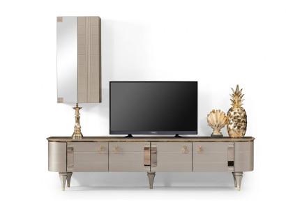 Mobile TV in legno moderno per parete, set di arredamento con credenza, vetrina e mobili.