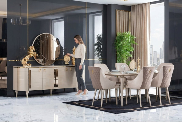 Sala da pranzo completa, credenza, tavolo, 6 sedie, specchio, set di mobili nuovo.