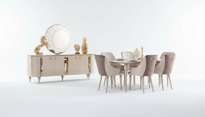 Sala da pranzo completa, credenza, tavolo, 6 sedie, specchio, set di mobili nuovo.