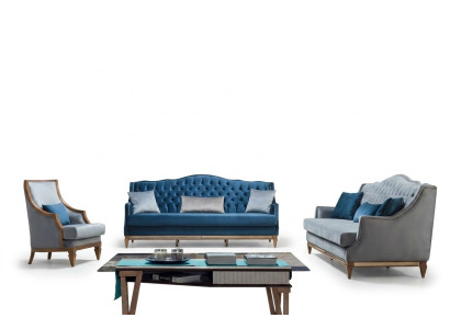 Moderno set di divani Chesterfield blu, design tre posti con poltrona di lusso.