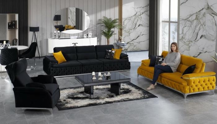 Sofà 3+3 posti set di divani di design, divani imbottiti in tessuto relax.