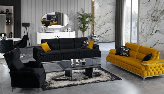 Sofà 3+3 posti set di divani di design, divani imbottiti in tessuto relax.