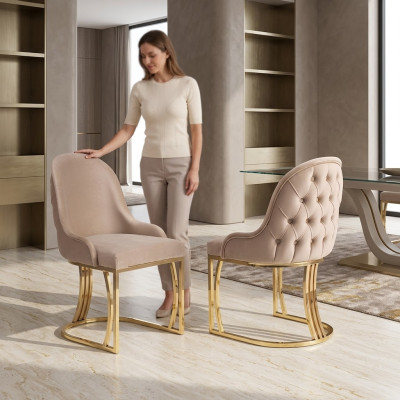 Sedie da pranzo in legno, sedia di lusso beige stile italiano soggiorno.