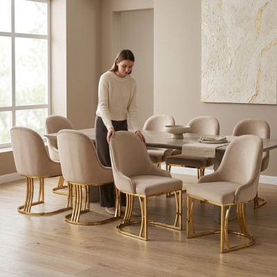 Set di sedie di design 8x Sedia in acciaio inossidabile con rivestimento in tessuto per sedie da pranzo.