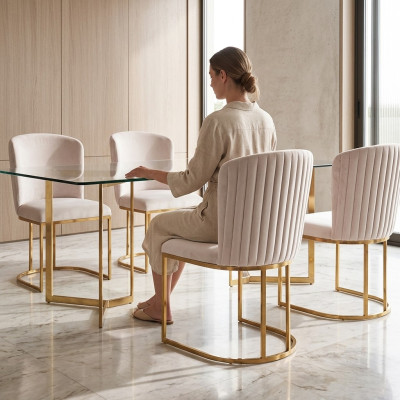 Sedia 4x Sedie Gruppo Set Soggiorno Sala da pranzo Composizione Stile Tessile Moderne
