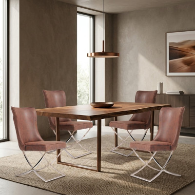 Set di 4 sedie da pranzo in acciaio inox con seduta imbottita in tessuto.