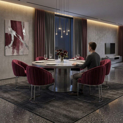 Set di 6 sedie imbottite in tessuto per hotel, nuove, gruppo completo di sedie.