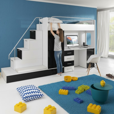 Letto a castello per bambini nero lucido a due piani.