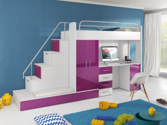 Letto a castello viola per bambini in lilla, letto a soppalco a due piani in lilla, mobili lucidi.