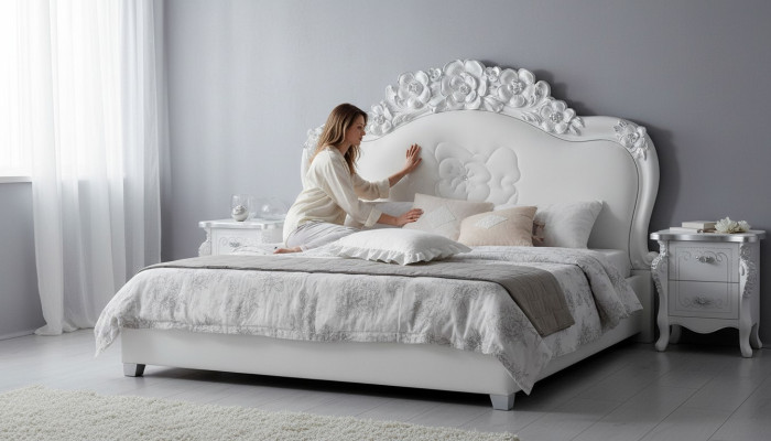 Letto Bianco Camera da letto Letti Legno Mobili di lusso Design Classico Hotel Matrimoniale